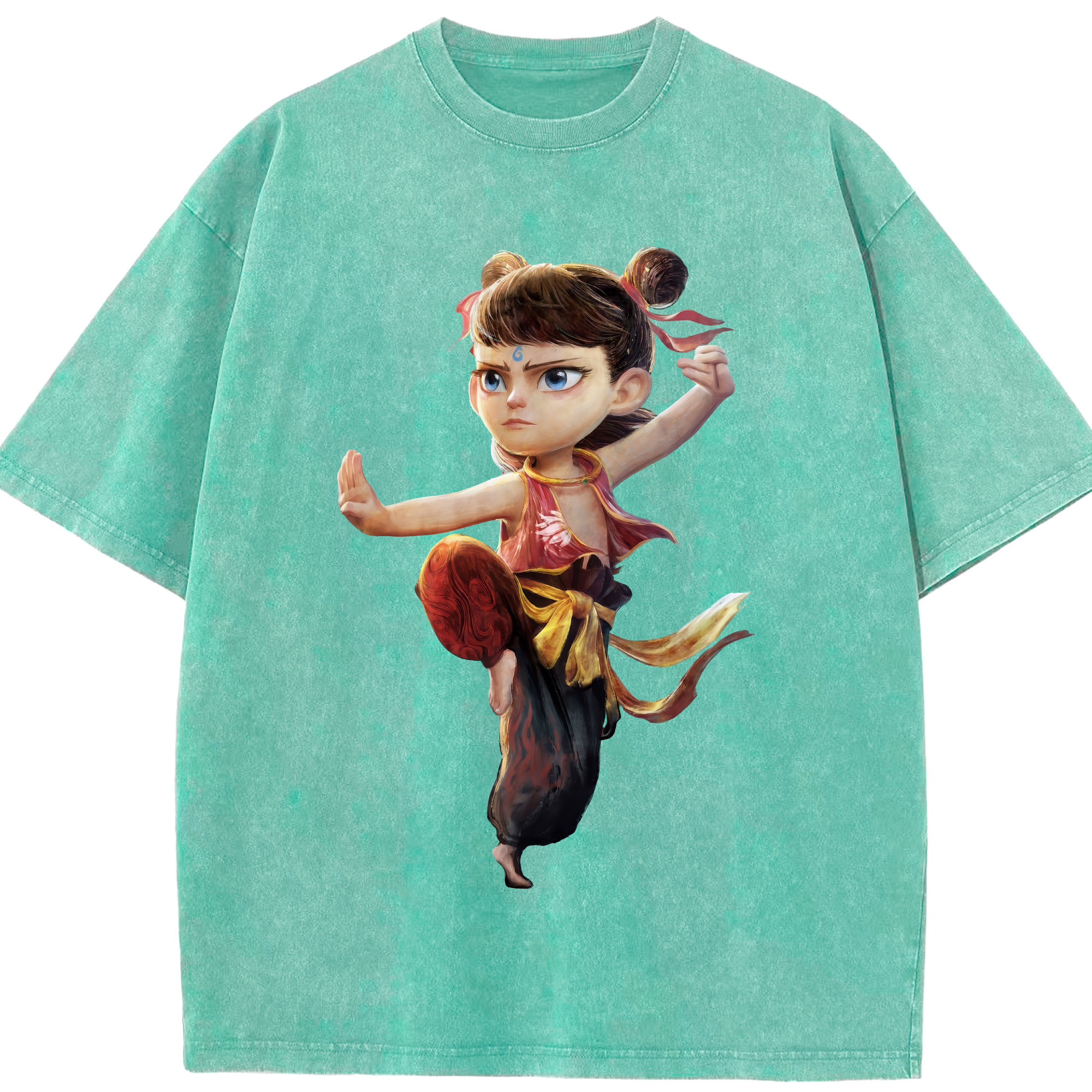 （画像用） Ne Zha 2 ナタ 魔童の大暴れ 綿100% ヴィンテージ風 半袖Tシャツ（フロントプリント）